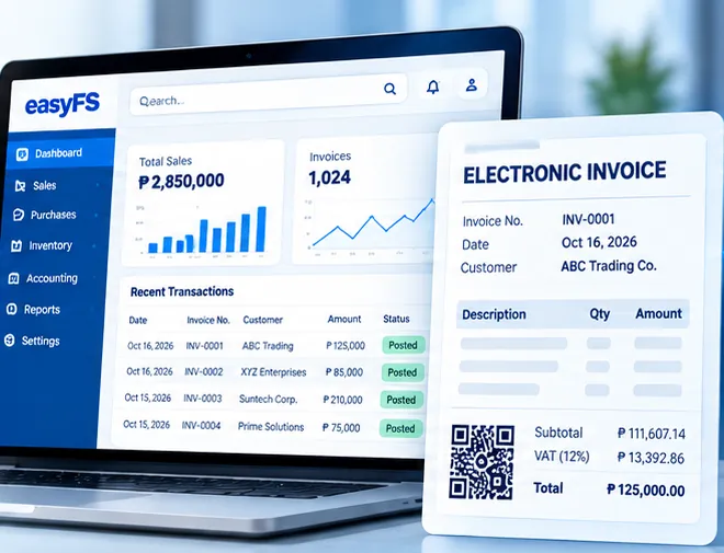 easyFS dashboard on a laptop next to a sample electronic invoice