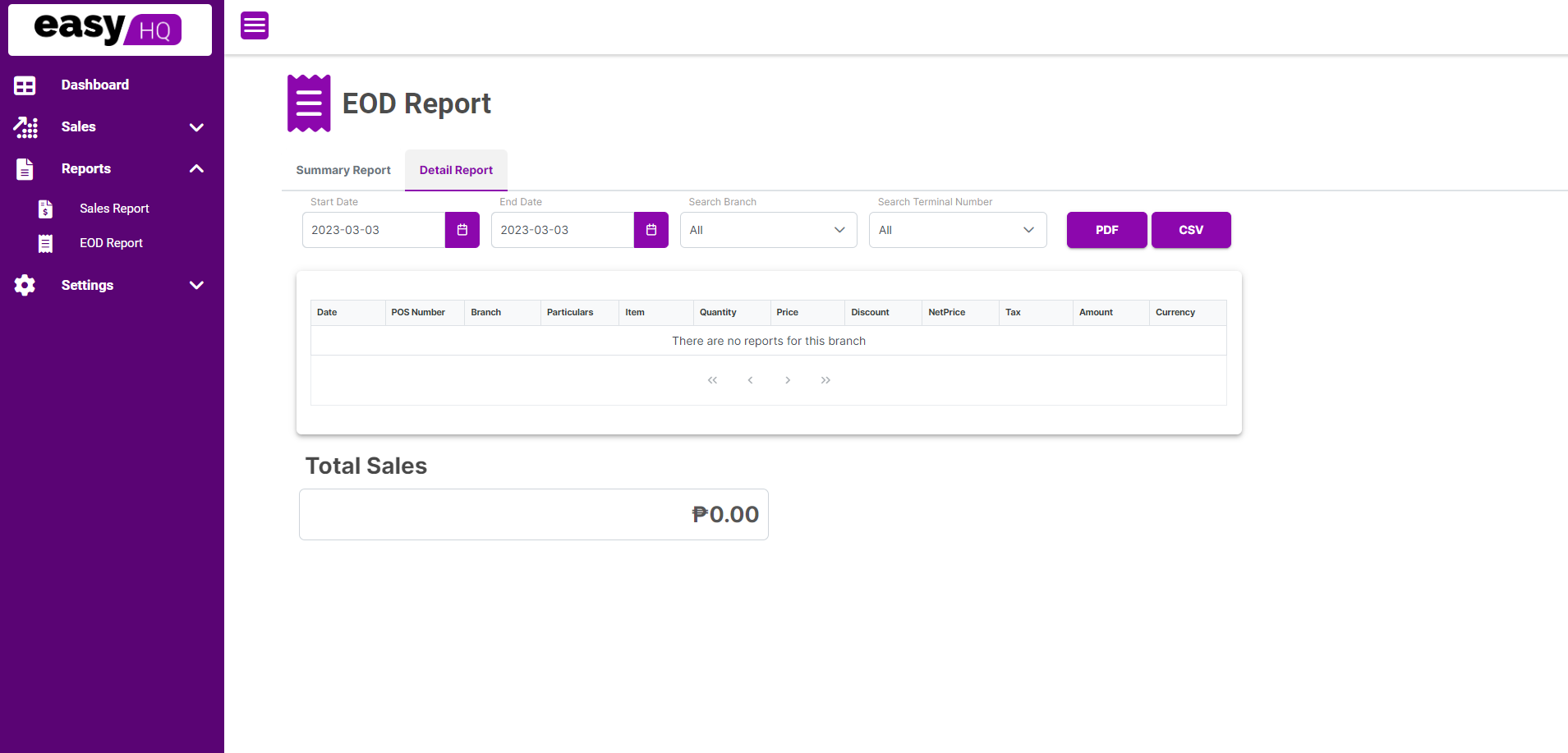 easyHQ EOD Report Summary