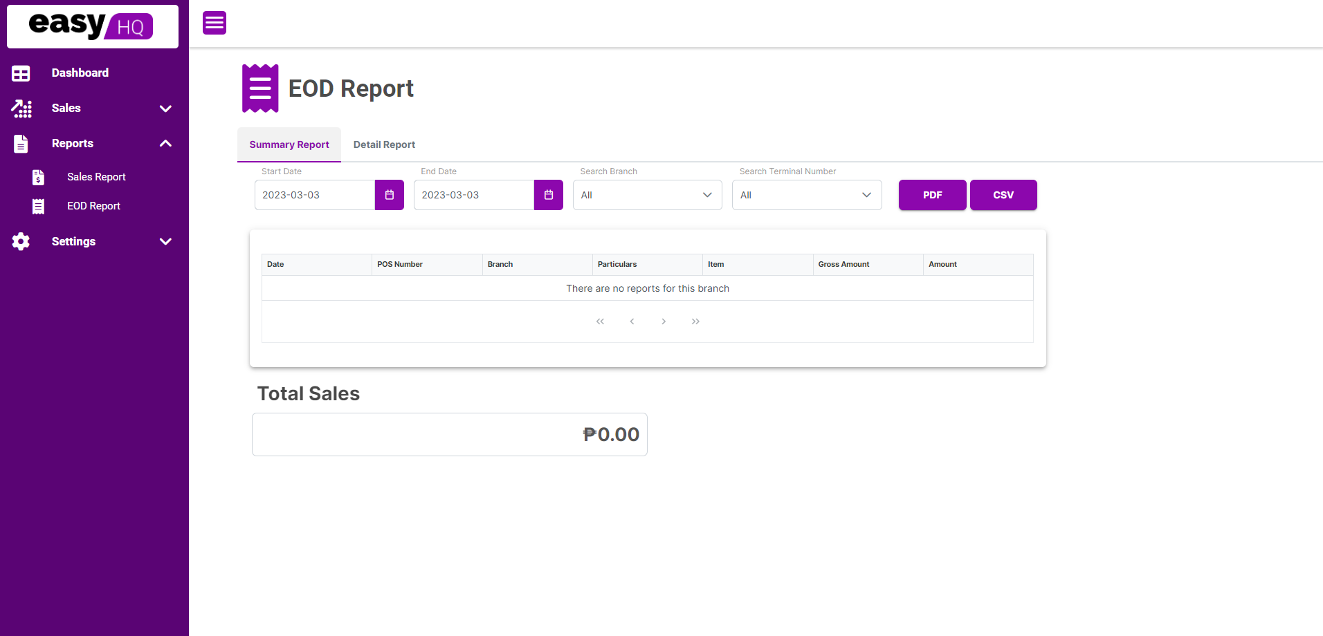 easyHQ EOD Report Detailed