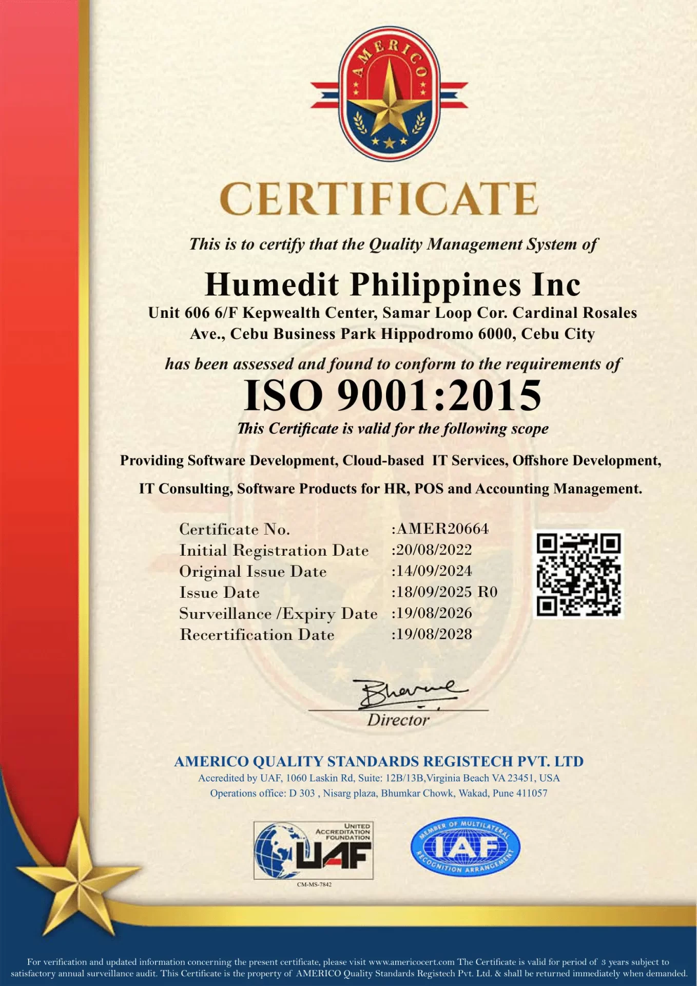 UAF Americo-ISO 9001-Humedit Philippines Inc