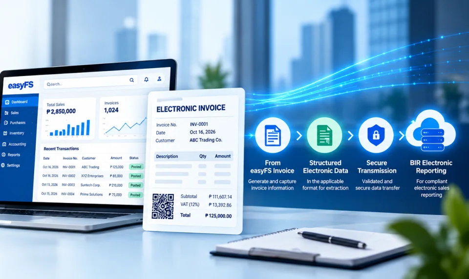 Illustration: an easyFS invoice becomes structured electronic data, is transmitted securely and reaches BIR electronic reporting.