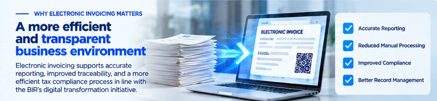 Illustration explaining why electronic invoicing matters for reporting, processing, compliance and record management