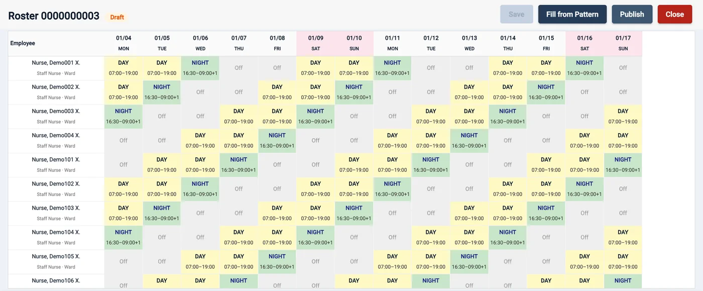 easyHR roster for a two-shift ward with 12-hour day shifts and a 16-hour night shift from 4:30 PM to 9:00 AM followed by days off