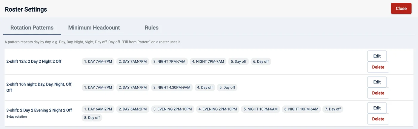 easyHR Roster Settings: rotation patterns for 12-hour two-shift, 16-hour night two-shift and three-shift schedules